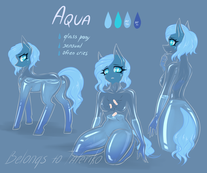 Size: 3408x2847 | Tagged: safe, artist:taleriko, derpibooru import, oc, oc:aqua, ponified, anthro, drink pony, earth pony, food pony, original species, pony, drink, female, food, glass, reference, reference sheet, water