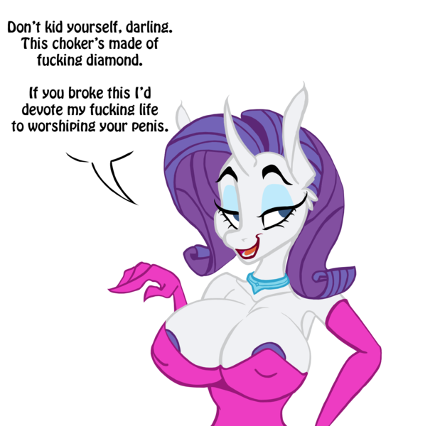 Size: 1483x1455 | Tagged: questionable, artist:lil miss jay, color edit, derpibooru import, edit, editor:equimorto, rarity, anthro, areola, areola slip, armpits, big breasts, breasts, bust, busty rarity, choker, cleavage, clothes, colored, dialogue, erect nipples, evening gloves, female, gloves, horn, long gloves, looking away, nipple outline, pointing, simple background, smiling, solo, solo female, transparent background, until the choker breaks
