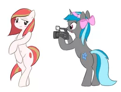 Size: 2127x1608 | Tagged: safe, artist:seidouryu, derpibooru import, oc, oc:poniko, oc:star flower, unofficial characters only, earth pony, pony, unicorn, bipedal, blushing, camera, digital art, duo, everfree network, simple background, white background