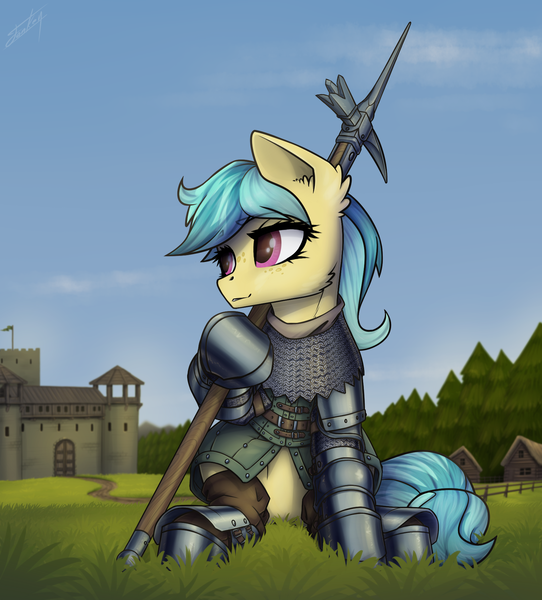 Size: 1709x1892 | Tagged: safe, artist:dipfanken, derpibooru import, oc, oc:karoline skies, unofficial characters only, earth pony, pony, armor, halberd, sitting, solo, weapon