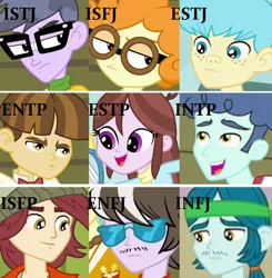 Size: 1000x1021 | Tagged: safe, derpibooru import, bright idea, captain planet, curly winds, microchips, normal norman, ringo, scribble dee, some blue guy, velvet sky, wiz kid, equestria girls, background human, mbti, mbti chart