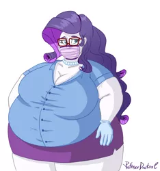 Size: 800x854 | Tagged: safe, artist:professordoctorc, derpibooru import, rarity, equestria girls, bbw, belly, big belly, breasts, busty rarity, cleavage, clothes, face mask, fat, fat boobs, female, glasses, gloves, jewelry, morbidly obese, necklace, obese, pearl necklace, raritubby, shirt, simple background, skirt, ssbbw, surgical mask, white background