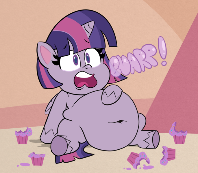 Size: 1050x920 | Tagged: safe, artist:scobionicle99, derpibooru import, twilight sparkle, twilight sparkle (alicorn), alicorn, pony, badge of shame, my little pony: pony life, spoiler:pony life s01e13, belly, belly button, big belly, burp, cupcake, cute, fat, female, food, hoof on belly, mare, obese, open mouth, scene interpretation, sitting, solo, stuffed, twiabetes, twilard sparkle, underhoof, unshorn fetlocks