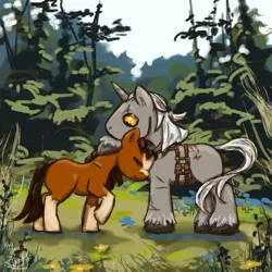 Size: 3000x3000 | Tagged: safe, artist:kchche, derpibooru import, oc, oc:geralt, oc:roachpony, ponified, pony, forest, scenery, the witcher