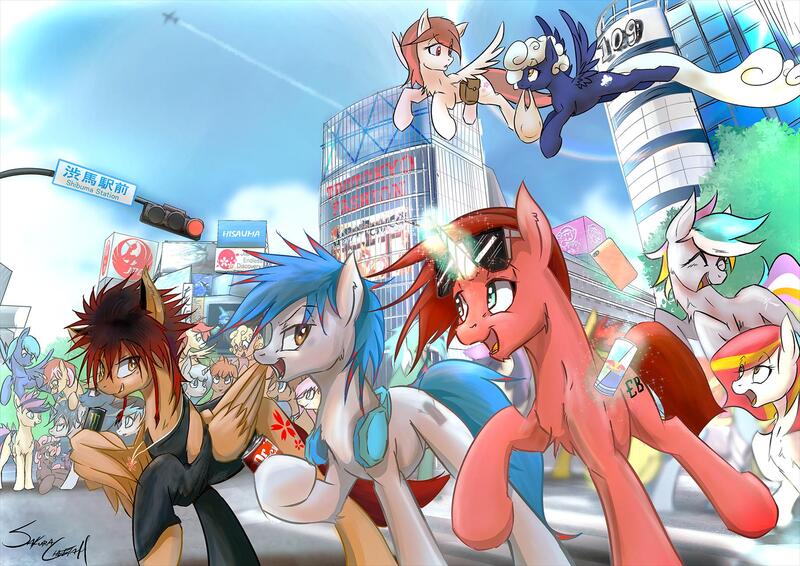 Size: 1800x1273 | Tagged: artist:sakuracheetah, convention, derpibooru import, digital art, japan ponycon, oc, oc:odyssey eurobeat, oc:poniko, oc:rokuchan, oc:the living tombstone, safe, tokyo