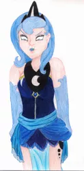 Size: 1103x2235 | Tagged: angry, artist:wrath-marionphauna, belt, clothes, colored pencil drawing, crown, crying, cutie mark, cutie mark on human, derpibooru import, gloves, human, humanized, jealous, jewelry, makeup, princess luna, regalia, s1 luna, safe, scan, scanned, skirt, solo, traditional art