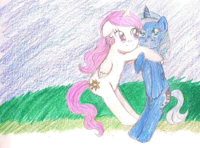 Size: 1331x989 | Tagged: alicorn, artist:wrath-marionphauna, bipedal, blushing, colored pencil drawing, derpibooru import, female, hug, princess celestia, princess luna, proud, s1 luna, safe, scan, scanned, siblings, simple background, sisterhood, sisters, smiling, traditional art, young celestia, young luna