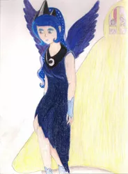 Size: 1656x2248 | Tagged: artist:wrath-marionphauna, canterlot, castle, clothes, colored pencil drawing, crown, derpibooru import, dress, gloves, human, humanized, jewelry, makeup, princess celestia, princess luna, regalia, sad, safe, scan, scanned, shoes, traditional art, twilight sparkle, wings