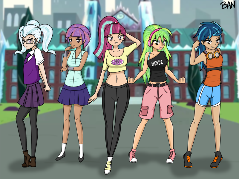 Size: 3000x2250 | Tagged: safe, artist:banquo0, derpibooru import, indigo zap, lemon zest, sour sweet, sugarcoat, sunny flare, equestria girls, friendship games, alternate costumes, clothes, converse, crystal prep shadowbolts, female, glasses, headphones, human coloration, leggings, midriff, miniskirt, shadow five, shoes, shorts, skirt, tanktop