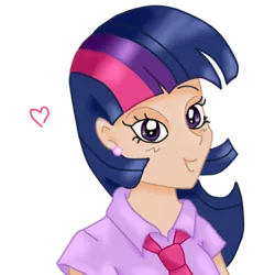 Size: 421x439 | Tagged: artist:wrath-marionphauna, blushing, clothes, derpibooru import, digital art, ear piercing, earring, heart, human, humanized, jewelry, necktie, piercing, safe, shirt, simple background, smiling, solo, transparent background, twilight sparkle