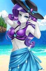 Size: 800x1237 | Tagged: safe, artist:racoonsan, color edit, derpibooru import, edit, editor:drakeyc, rarity, equestria girls, equestria girls series, forgotten friendship, arm behind head, armpits, beach, beach babe, beautiful, belly button, breasts, clothes, cloud, colored, ear piercing, earring, female, geode of shielding, hat, jewelry, looking at you, magical geodes, midriff, nail polish, necklace, piercing, sarong, sexy, skin color edit, sky, smiling, solo, stupid sexy rarity, sun hat, swimsuit, water