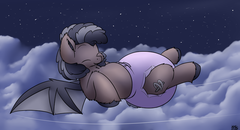 Size: 2486x1353 | Tagged: suggestive, artist:the-furry-railfan, derpibooru import, oc, oc:plinkie poi, unofficial characters only, bat pony, bat pony oc, bat wings, chubby, cloud, cloudy, diaper, diaper fetish, ear fluff, fetish, flying, night, on back, poofy diaper, stars, unshorn fetlocks, wings