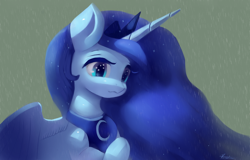 Size: 4200x2700 | Tagged: safe, artist:auroriia, derpibooru import, princess luna, alicorn, pony, bust, crown, cute, female, gray background, high res, jewelry, lunabetes, mare, rain, regalia, simple background, solo