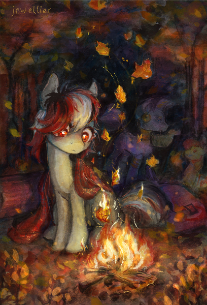 Size: 1356x1992 | Tagged: safe, artist:jewellier, derpibooru import, apple bloom, zecora, oc, oc:rifey, earth pony, pony, zebra, autumn, basket, blanket, campfire, female, fire, leaves, mare, mouth hold, rcf community, solo focus
