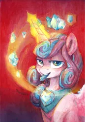 Size: 1129x1629 | Tagged: safe, artist:jewellier, derpibooru import, princess flurry heart, alicorn, pony, bust, crystal, glowing horn, horn, jewelry, lidded eyes, looking at you, mouth hold, older, older flurry heart, peytral, portrait, regalia, solo