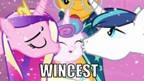 Size: 282x158 | Tagged: cute, derpibooru import, edit, family, female, happy, incest, kissing, kiss on the cheek, kiss sandwich, male, platonic kiss, princess cadance, princess flurry heart, screencap, shining armor, shiningcadance, shipping, straight, suggestive, sunburst, text, the crystalling, wincest