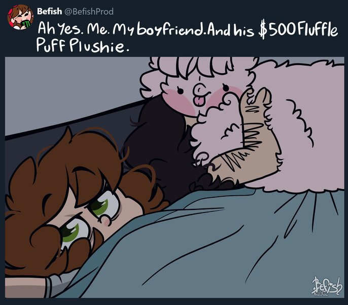 Size: 4000x3500 | Tagged: safe, artist:befishproductions, derpibooru import, oc, oc:fluffle puff, unofficial characters only, human, pony, :p, ah yes me my girlfriend and her x, bed, blanket, female, male, meme, signature, tongue out