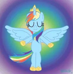 Size: 757x774 | Tagged: safe, artist:forsakenxenon, derpibooru import, rainbow dash, alicorn, pony, alicornified, collar, crown, eyes closed, horn, jewelry, race swap, rainbowcorn, regalia, smiling, solo, spread wings, tail, wings