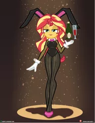 Size: 1080x1398 | Tagged: suggestive, artist:dieart77, derpibooru import, edit, editor:bandgeek32, sunset shimmer, equestria girls, bottle, bowtie, breasts, bunny ears, bunny suit, clothes, glass, gloves, high heels, leotard, long legs, pantyhose, playboy bunny, shoes, smiling, smug, tray, waitress