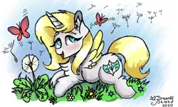 Size: 854x512 | Tagged: abstract background, alicorn, artist:dreamyskies, artist:dreamyskiesarts, butterfly, chibi, co pony, cute, dandelion, derpibooru import, female, flower, happy, looking at you, mare, oc, oc:sweetie shy, safe, small, smiling, solo