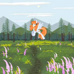 Size: 1920x1920 | Tagged: artist:agdistis, clearing, cloud, derpibooru import, drawthread, flower, green eyes, /mlp/, mountain, mountain range, oc, oc:ginger peach, orange hair, pegasus, pegasus oc, safe, sun, unofficial characters only, wings