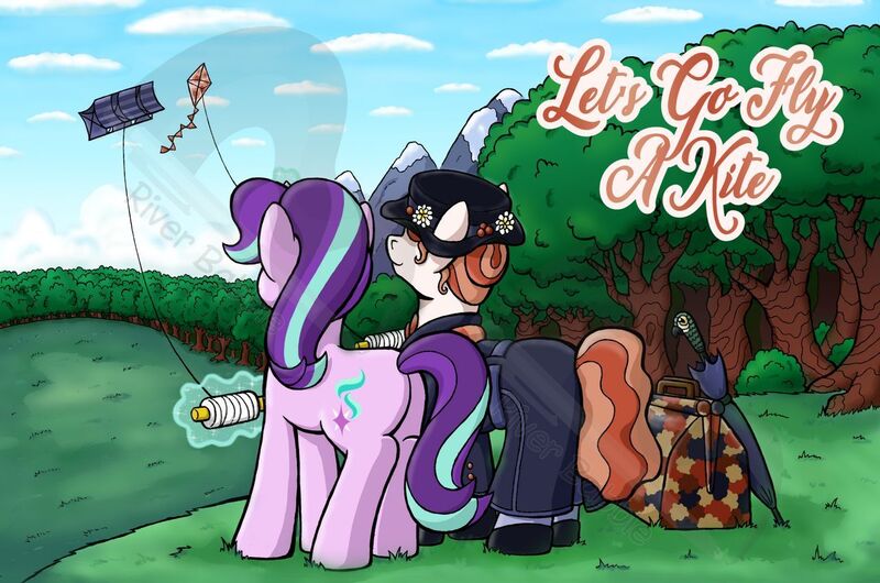 Size: 1280x848 | Tagged: safe, artist:riverfox237, derpibooru import, starlight glimmer, ponified, pony, unicorn, bag, butt, clothes, duo, female, forest, kite, kite flying, let's go fly a kite, magic, mare, mary poppins, plot, telekinesis, tree, umbrella, watermark