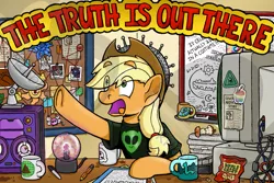 Size: 1265x846 | Tagged: safe, artist:riverfox237, derpibooru import, applejack, mare do well, earth pony, parasprite, alicorn amulet, apple core, chips, clothes, computer, conspiracy, eye clipping through hair, food, hat, loch ness monster, mug, plasma ball, poison joke, satellite dish, shirt, tinfoil hat, t-shirt, van de graaf generator, watermark