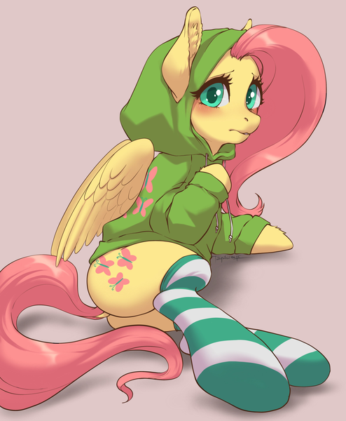 Size: 3229x3921 | Tagged: safe, artist:taytinabelle, derpibooru import, fluttershy, pegasus, pony, blushing, butt, clothes, cute, dock, ear fluff, female, flutterbutt, hoodie, jacket, looking at you, mare, nervous, shy, shyabetes, simple background, socks, solo, striped socks, unshorn fetlocks, wings, worried