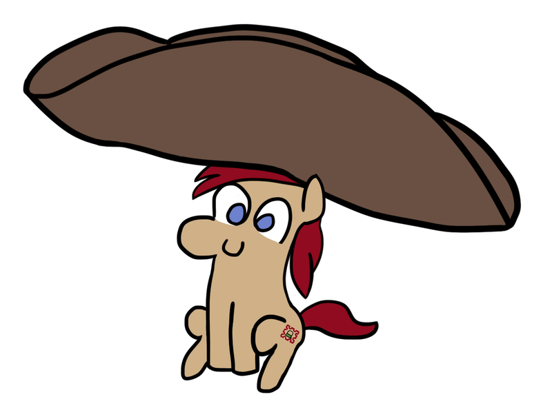 Size: 1266x942 | Tagged: safe, artist:wren, derpibooru import, oc, oc:libby tea, unofficial characters only, earth pony, pony, blue eyes, c:, chibi, cute, giant hat, happy, hat, horn, impossibly large hat, multiple horns, red hair, simple background, sitting, smiling, solo, stamp, teabag, tiny, tiny ponies, tricorn, white background