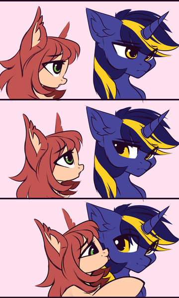 Size: 2222x3704 | Tagged: safe, artist:airiniblock, derpibooru import, oc, oc:airi, oc:vajr, bat pony, pony, unicorn, face licking, female, kiss on the cheek, kissing, licking, male, rcf community, straight