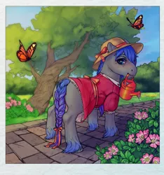 Size: 1536x1640 | Tagged: safe, artist:oops, derpibooru import, oc, oc:rhealien, unofficial characters only, butterfly, earth pony, pony, accessories, bow, braided tail, clothes, digital art, dress, flower, garden, grass, hat, hooves, nature, plant, solo, sunhat, tree, water drops, watering can