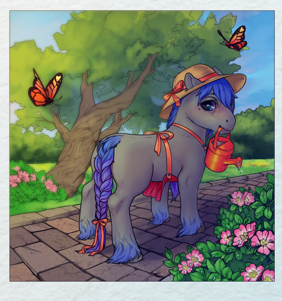 Size: 1536x1640 | Tagged: safe, artist:oops, derpibooru import, oc, oc:rhealien, unofficial characters only, butterfly, earth pony, pony, accessories, apron, bow, braided tail, clothes, digital art, flower, garden, grass, hat, nature, plant, solo, sunhat, tree, water drops, watering can