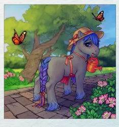 Size: 1536x1640 | Tagged: safe, artist:oops, derpibooru import, oc, oc:rhealien, unofficial characters only, butterfly, earth pony, pony, accessories, apron, bow, braided tail, clothes, digital art, flower, garden, grass, hat, nature, plant, solo, sunhat, tree, water drops, watering can