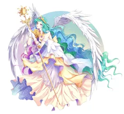 Size: 2720x2500 | Tagged: anime, artist:rurucreations, clothes, crown, derpibooru import, dress, gloves, human, humanized, jewelry, long hair, princess celestia, regalia, safe, solo, staff, winged humanization, wings