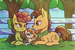 Size: 1280x854 | Tagged: safe, artist:shungire, derpibooru import, cinnamon pear, grand pear, pear butter, earth pony, pony, the perfect pear, cute, family, father and child, father and daughter, female, fence, filly, male, mother and child, mother and daughter, pear family member, signature, smiling, tree, young grand pear, younger