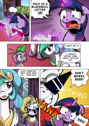 Size: 1204x1700 | Tagged: alicorn, artist:tarkron, comic, comic:the royal sandal, derpibooru import, dragon, oc, oc:cosmo cool, princess celestia, safe, speech bubble, spike, sunglasses, twilight sparkle, twilight sparkle (alicorn)