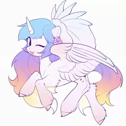 Size: 2048x2048 | Tagged: safe, artist:amo, derpibooru import, oc, unofficial characters only, alicorn, pony, alicorn oc, horn, one eye closed, simple background, solo, unshorn fetlocks, white background, wings, wink