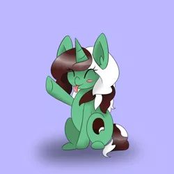 Size: 1000x1000 | Tagged: safe, artist:kaggy009, derpibooru import, oc, oc:peppermint pattie (unicorn), pony, unicorn, ask peppermint pattie, chibi, female, mare, solo, tongue out