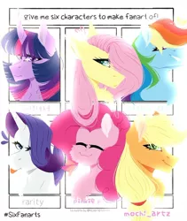 Size: 720x853 | Tagged: safe, alternate version, artist:mochii.chann, derpibooru import, applejack, fluttershy, pinkie pie, rainbow dash, rarity, twilight sparkle, earth pony, pegasus, pony, unicorn, six fanarts, :p, bust, eyes closed, mane six, one eye closed, smiling, tongue out, unicorn twilight, wink