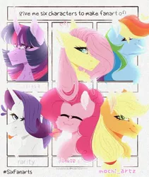 Size: 720x853 | Tagged: safe, alternate version, artist:mochii.chann, derpibooru import, applejack, fluttershy, pinkie pie, rainbow dash, rarity, twilight sparkle, earth pony, pegasus, pony, unicorn, six fanarts, :p, bust, eyes closed, mane six, one eye closed, smiling, tongue out, unicorn twilight, wink