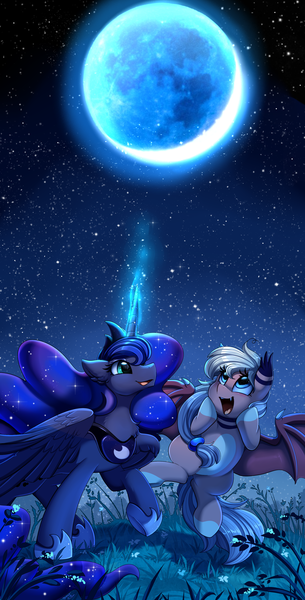 Size: 2550x5009 | Tagged: safe, artist:pridark, derpibooru import, princess luna, oc, alicorn, bat pony, amazed, bat pony oc, bat wings, commission, duo, grass, high res, looking up, moon, night, night sky, sky, stars, wings