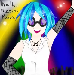 Size: 549x558 | Tagged: safe, artist:wrath-marionphauna, derpibooru import, vinyl scratch, human, equestria girls, clothes, digital art, disco, glasses, humanized, jewelry, necklace, open mouth, party, shirt, smiling, solo, t-shirt, waving