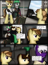 Size: 1750x2333 | Tagged: safe, artist:99999999000, derpibooru import, oc, oc:firearm king, oc:li anna, oc:mar baolin, oc:zhang cathy, earth pony, pegasus, pony, unicorn, bag, car, clothes, comic, female, glasses, male, van