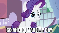 Size: 1280x720 | Tagged: safe, derpibooru import, edit, edited screencap, editor:jaredking203, screencap, rarity, pony, unicorn, spike at your service, caption, clint eastwood, female, image macro, mare, meme, movie reference, solo, sudden impact, text
