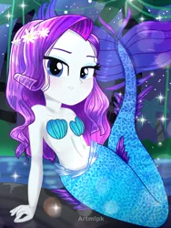 Size: 1800x2400 | Tagged: safe, artist:artmlpk, derpibooru import, rarity, mermaid, equestria girls, adorable face, adorasexy, adorkable, alternate hairstyle, bare chest, bare shoulders, beautiful, blushing, cute, digital art, dork, female, flower, flower in hair, island, lidded eyes, looking at you, mermaidized, mermarity, ocean, palm tree, plant, raribetes, rock, seashell, seashell bra, sexy, sitting, sleeveless, smiling, smiling at you, solo, species swap, tail, tree, water, watermark, wet hair