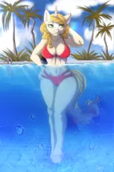 Size: 4000x6000 | Tagged: suggestive, artist:bublyk, derpibooru import, sweet biscuit, anthro, unguligrade anthro, unicorn, absolute cleavage, belly button, big breasts, bikini, bikini babe, blonde, breasts, busty sweet biscuit, cameltoe, cleavage, clothes, curvy, eyelashes, full body, hand on head, hand on hip, hooves, legs, looking away, midriff, palm tree, sexy, swimming pool, swimsuit, thighs, tree, underwater, wavy hair, wet, wide hips