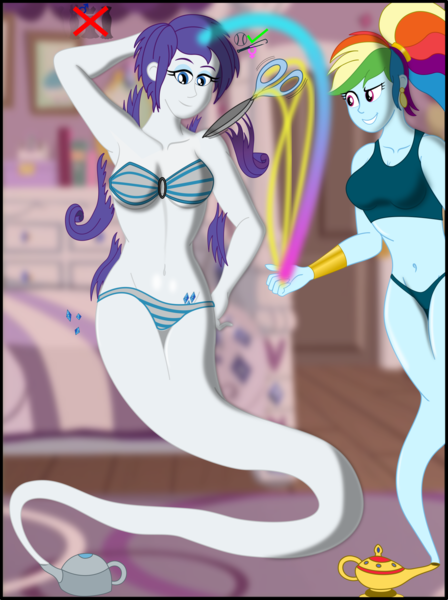 Size: 1500x2009 | Tagged: safe, artist:physicrodrigo, derpibooru import, rainbow dash, rarity, genie, equestria girls, alternate hairstyle, arm behind head, belly button, bikini, breasts, busty rainbow dash, busty rarity, clothes, commission, duo, duo female, ear piercing, earring, female, gem, geniefied, grin, hair lock, haircut, jewelry, lamp, looking down, magic, mental shift, mind control, piercing, pixie cut, ponytail, scissors, smiling, sports bra, story included, swimsuit, teapot, tomboy, transformation, wristband