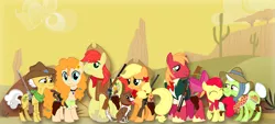 Size: 1551x702 | Tagged: safe, artist:three uncle, derpibooru import, edit, apple bloom, applejack, big macintosh, bright mac, grand pear, granny smith, pear butter, winona, dog, earth pony, apple, bandana, bow, cactus, clothes, costume, cowboy, cowboy hat, desert, family, family photo, father and child, father and daughter, female, flower, flower in hair, food, gun, hair bow, handgun, hat, male, mother and child, mother and daughter, revolver, rifle, scenery, shotgun, smiling, smiling at you, weapon