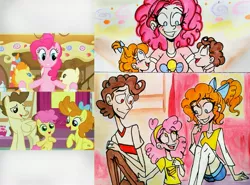 Size: 2723x2018 | Tagged: artist:citi, baby cakes, brother and sister, cake twins, derpibooru import, edit, female, human, humanized, li'l cheese, male, pinkie pie, pound cake, pumpkin cake, safe, scene interpretation, screencap, screencap reference, siblings, the last problem, then and now, traditional art, twins