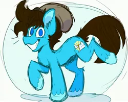 Size: 2048x1638 | Tagged: safe, artist:wutanimations, derpibooru import, oc, unofficial characters only, earth pony, pony, abstract background, chest fluff, ear fluff, earth pony oc, grin, hat, leg fluff, looking at you, male, no pupils, raised hoof, simple background, smiling, solo, stallion, wip